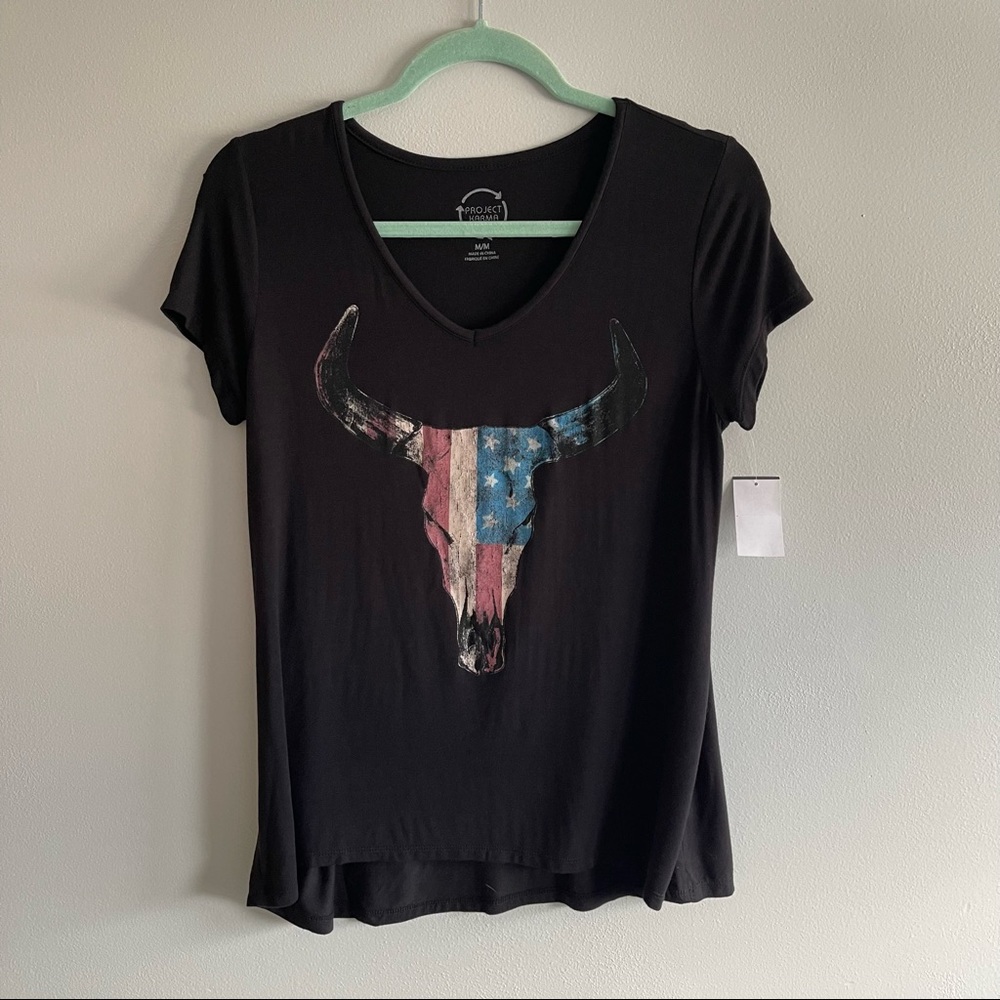 Project Karma American Flag Cow Skull Top NWT